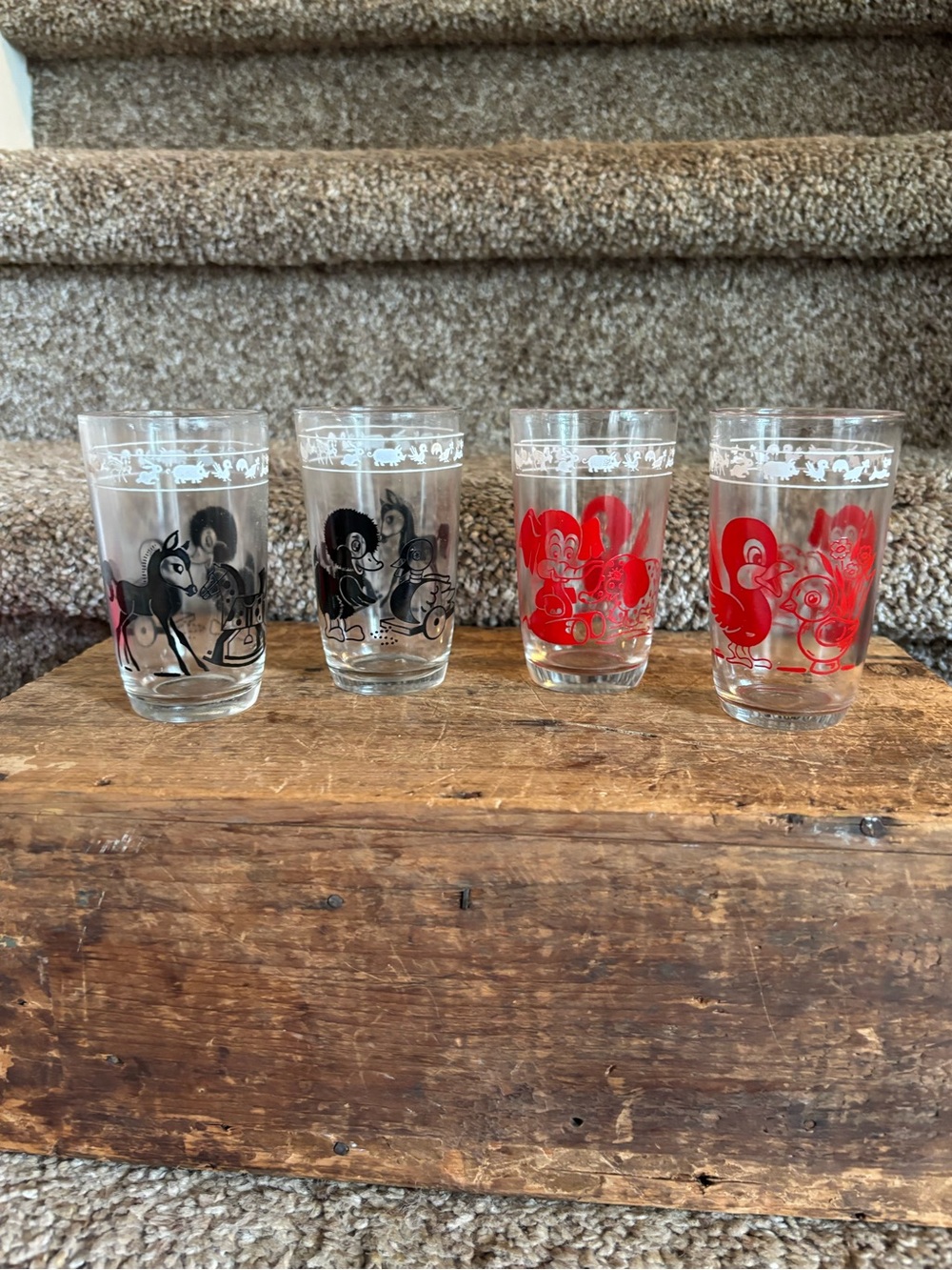 Set of 4 Vintage Illustrated Drinking Glasses - Black & Red Cartoon Designs